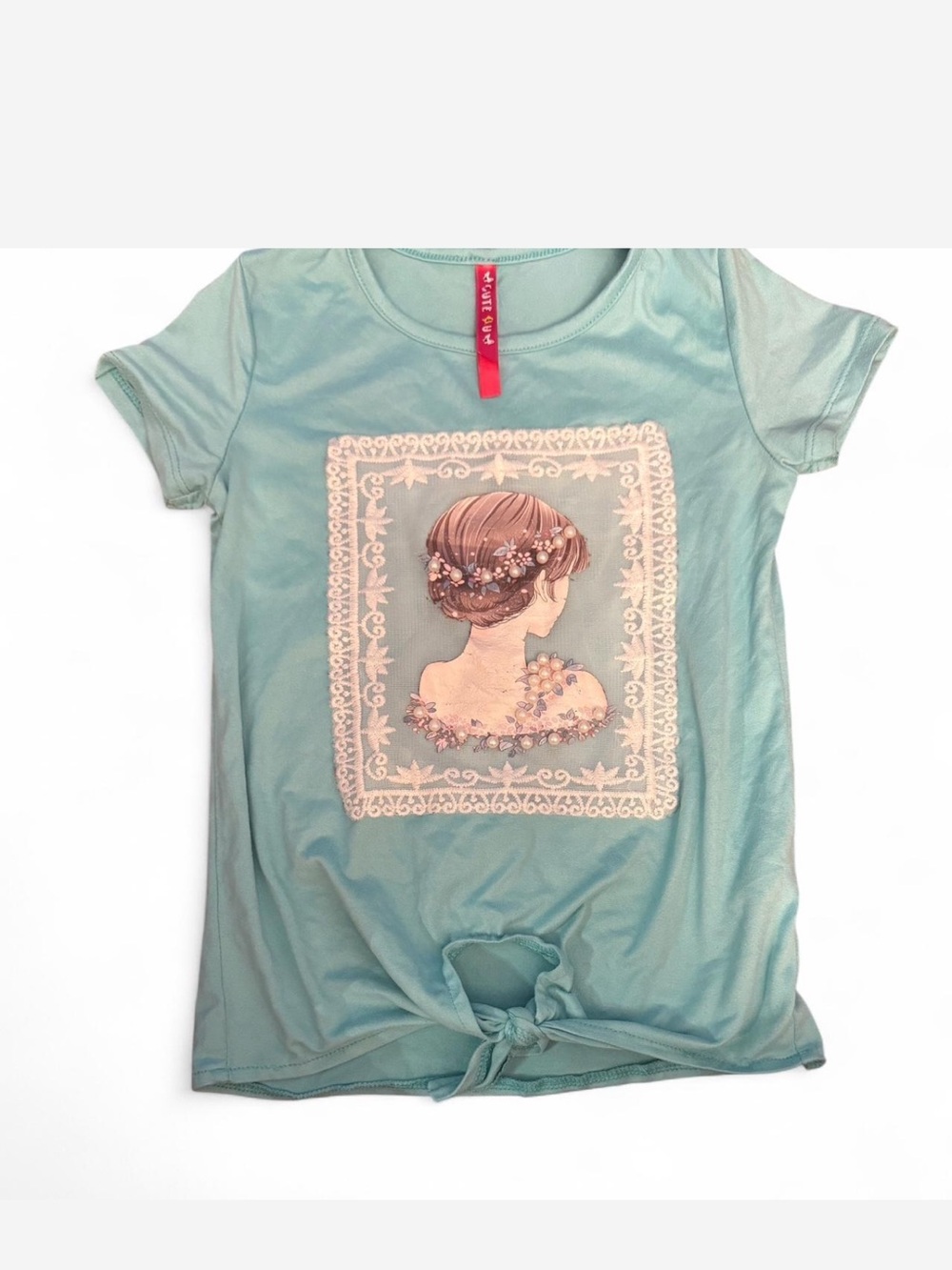 Girls' Teal Short-Sleeve Tie-Hem Tee with Floral Portrait